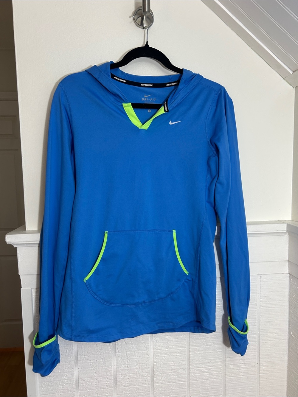 Nike Running DriFit Hoodie Top size small, blue and green reflective